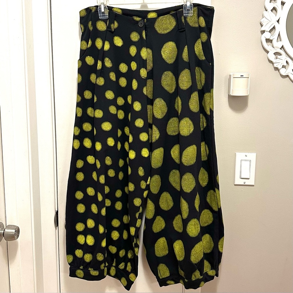 Bread & Butter Baggy Cotton Cropped Pants S Black Lime Green Polka Dots